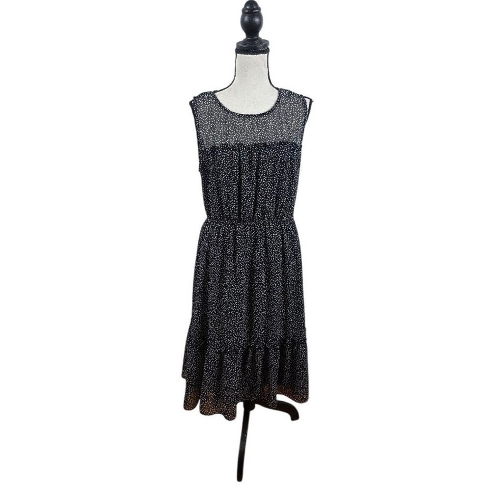 Nicole Miller Dress Womens 12 Black White Abstract Ruffle Midi SleevelessChiffon